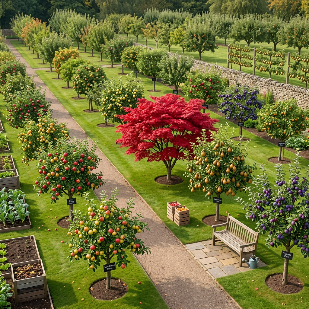 Bright red tree surrounded by autumn forest with green grass clearing
