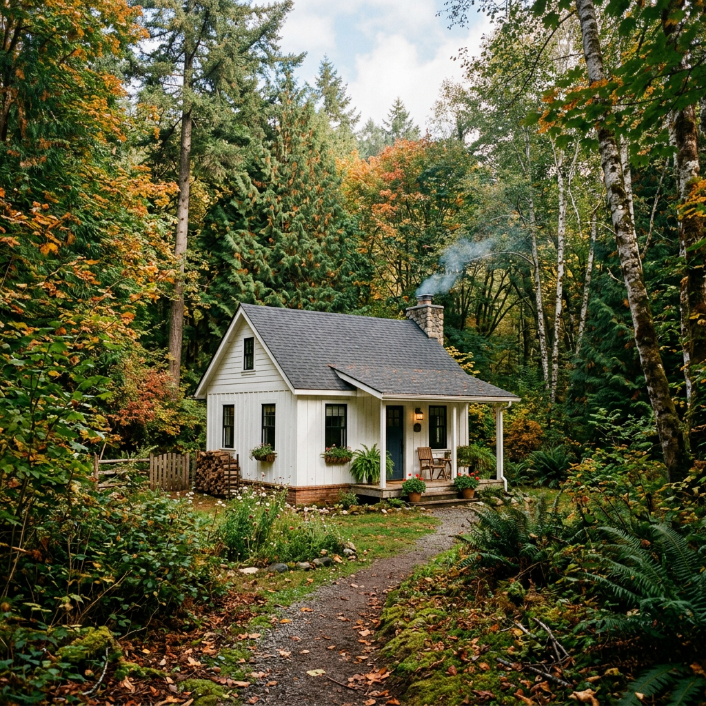 Small white cabin with gray roof in colorful autumn forest surrounded by trees and plants